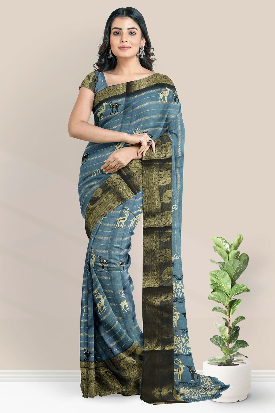 Fancy Silk Deer Print With Zari Lines Grayish Blue And Black Saree