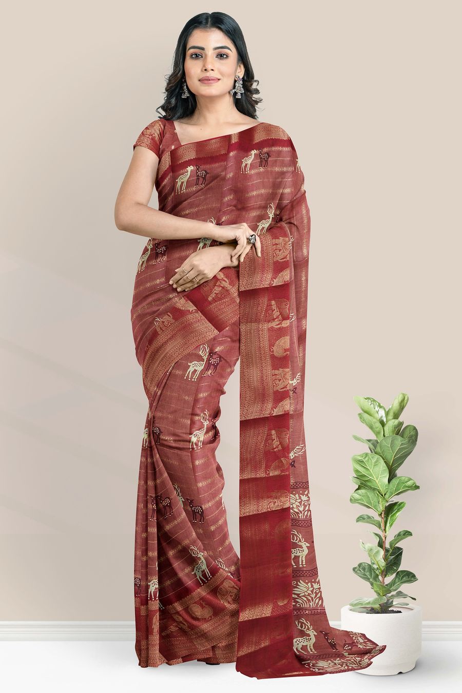 Fancy Silk Deer Print With Zari Lines Light Brick Red And Pink Saree