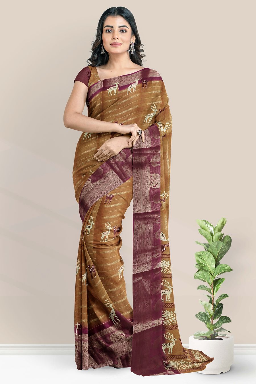 Fancy Silk Deer Print With Zari Lines Brown And Magenta Pink Saree