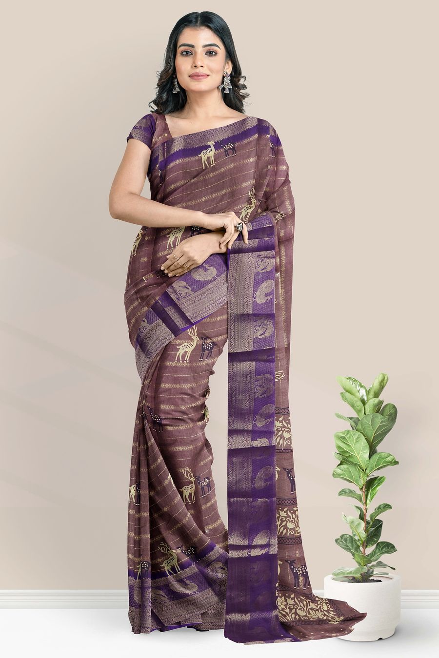 Fancy Silk Deer Print With Zari Lines Light Purple And Dark Purple Saree