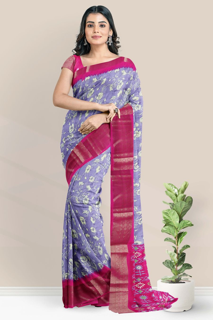 Chiffon Georgette Digital Print Lavendar And Dark Pink Saree