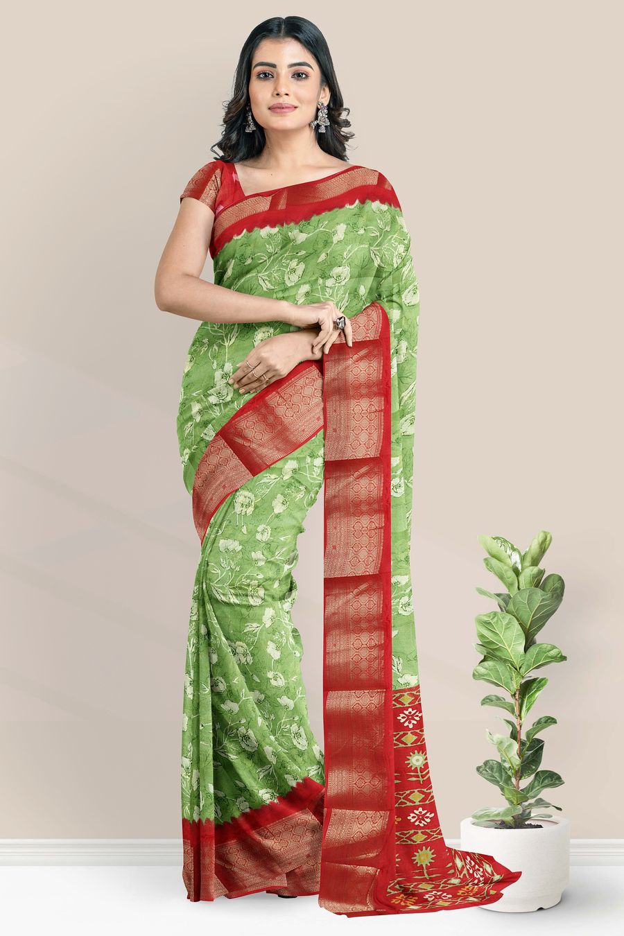 Chiffon Georgette Digital Print Parrot Green And Maroon Red Saree