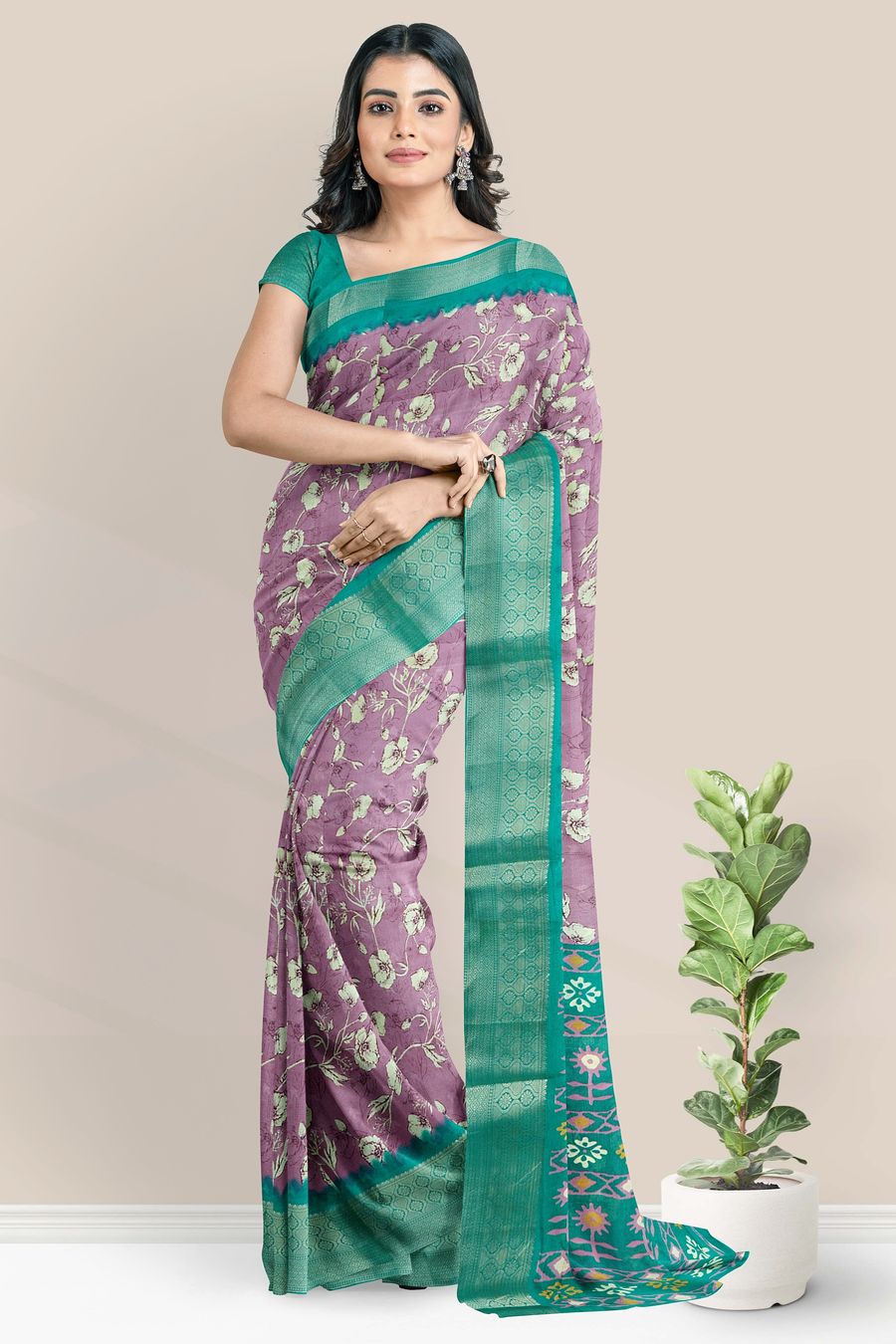 Chiffon Georgette Digital Print Light Magenta Pink And Rama Green Saree