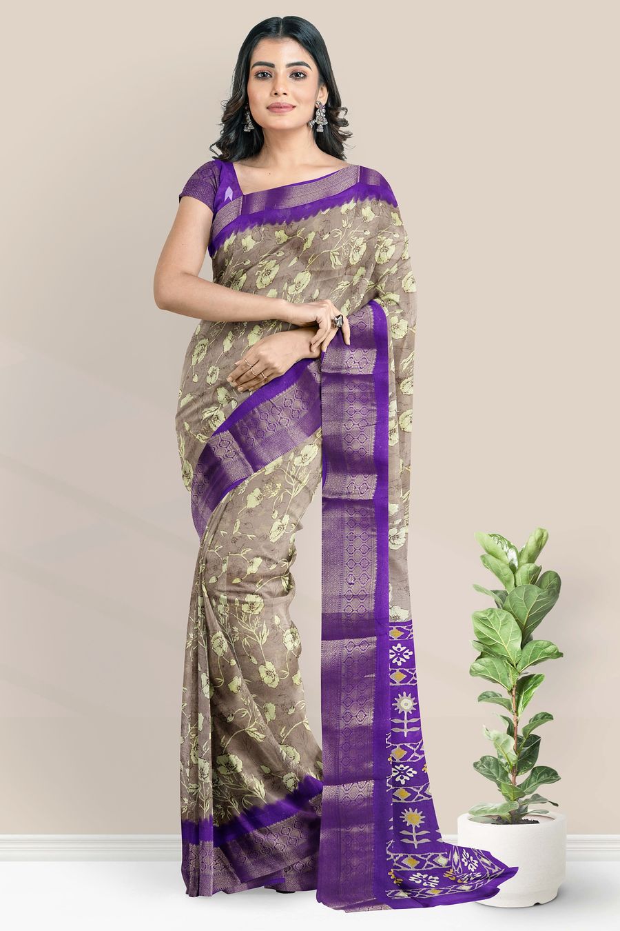 Chiffon Georgette Digital Print Lavendar And Dark Purple Saree