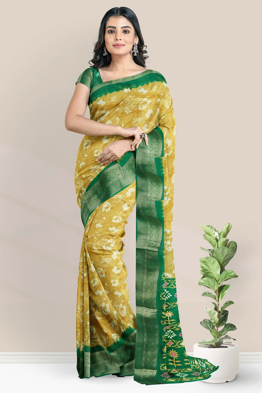 Chiffon Georgette Digital Print Musturd Yellow And Dark Green Saree