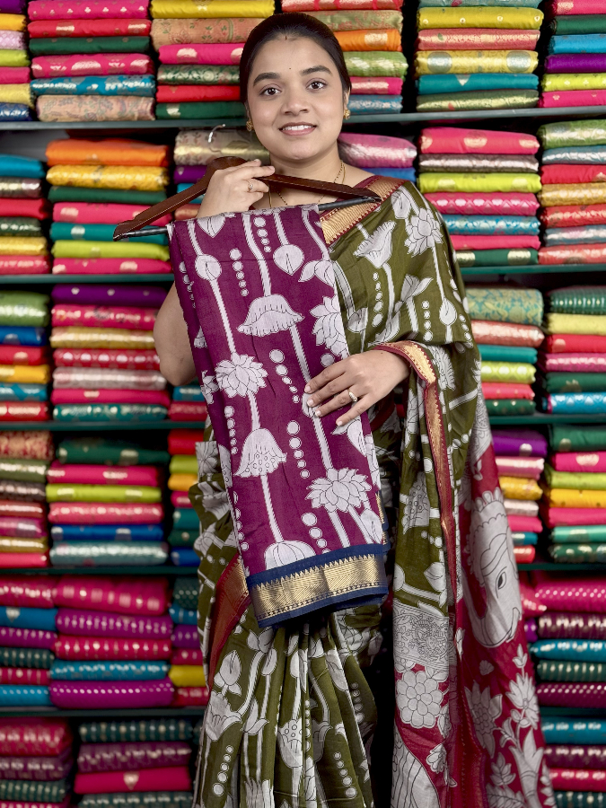 Soft Mangalagiri Silk Lotus Print Magenthapink And NavyBlue Saree