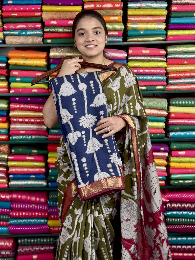 Soft Mangalagiri Silk Lotus Print Dark Blue And Maroon Saree