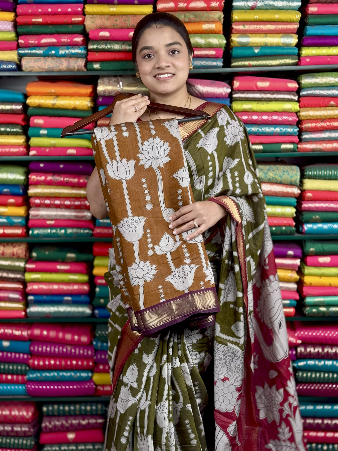 Soft Mangalagiri Silk Lotus Print Dark MustardYellow And Wine Saree