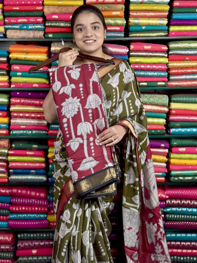 Soft Mangalagiri Silk Lotus Print Dark Pink And Black Saree