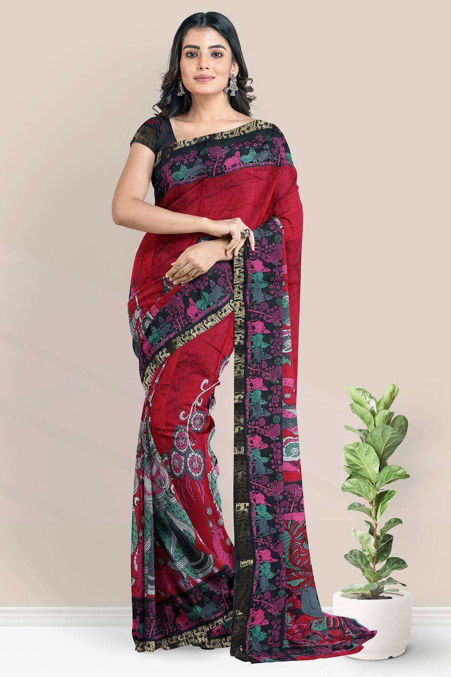Cotton Silk Kalamakri Print Maroon Red And  Black Saree