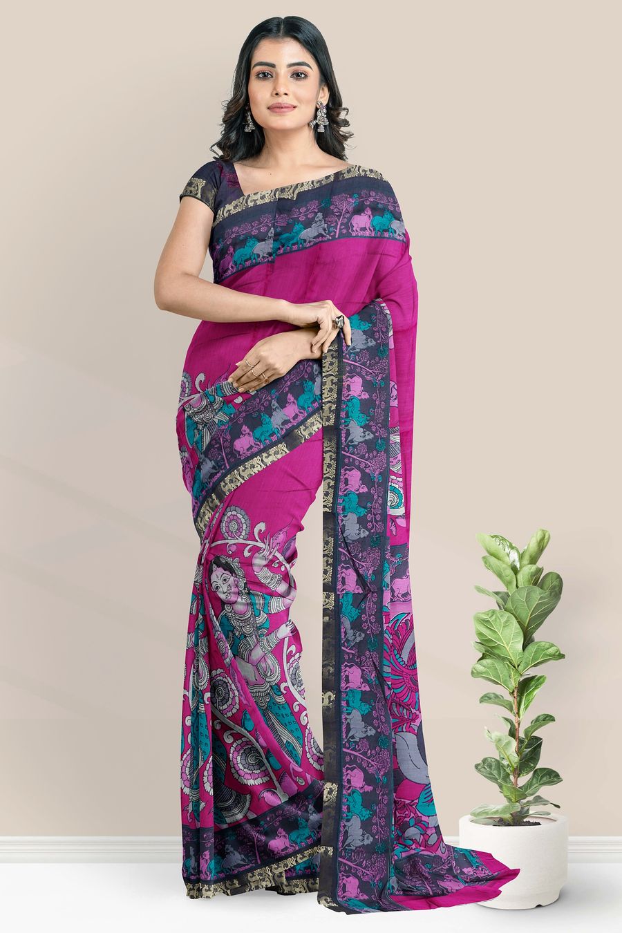 Cotton Silk Kalamakri Print Pink And Black Saree
