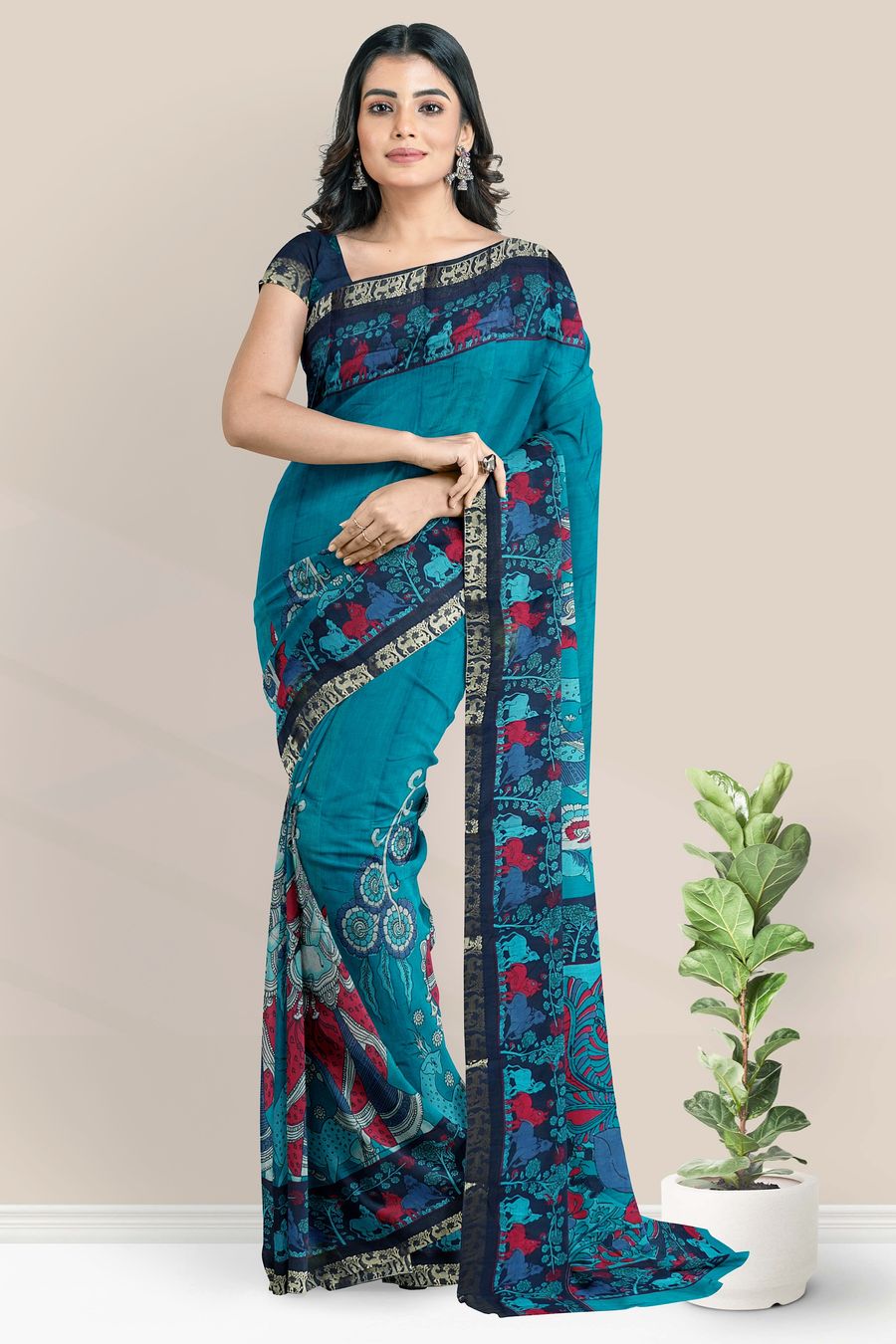 Cotton Silk Kalamakri Print Rama Green And Black Saree