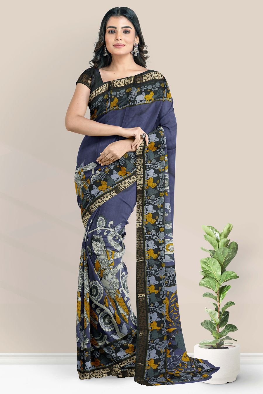 Cotton Silk Kalamakri Print Light Blue And Black Saree