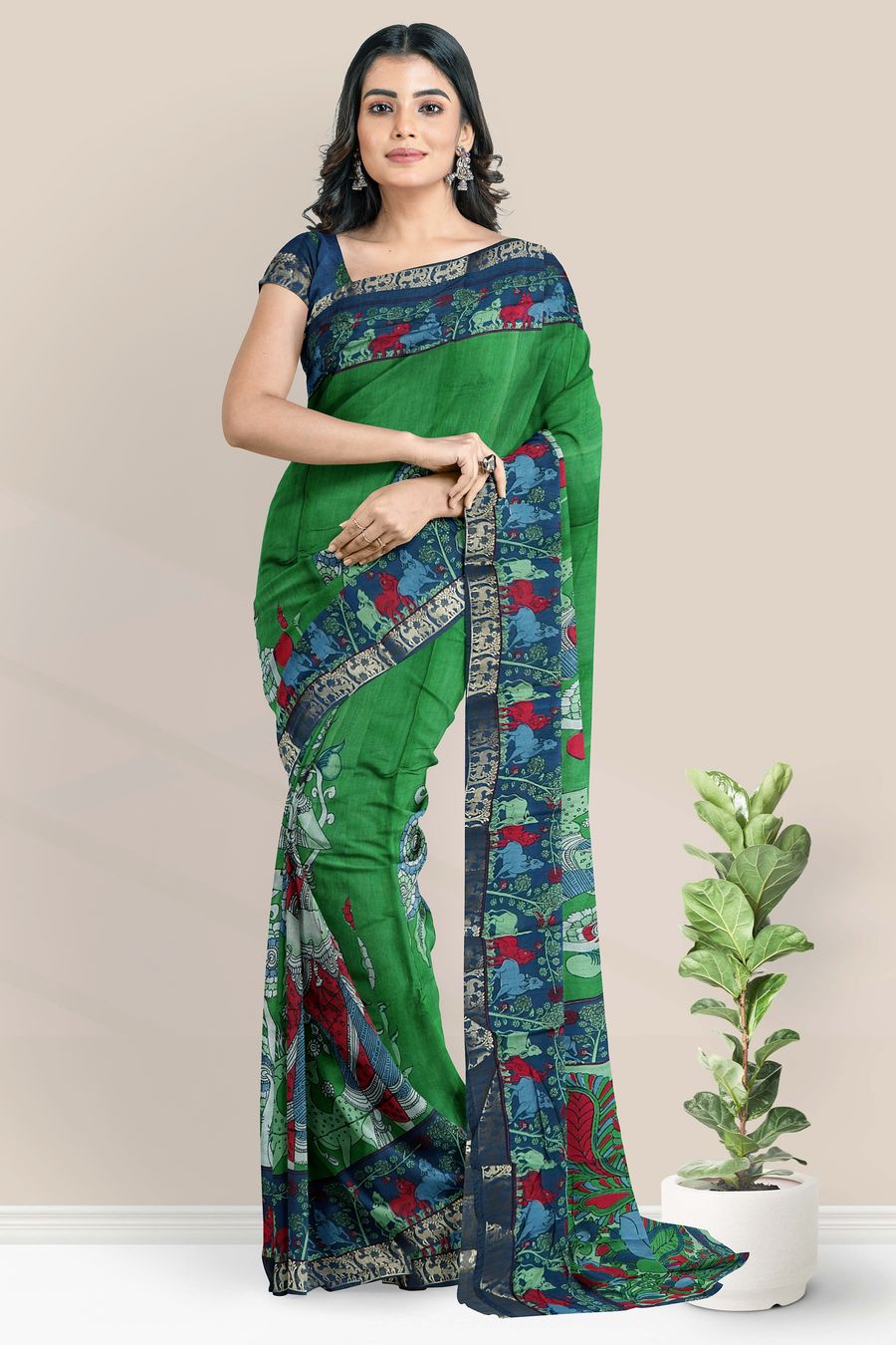 Cotton Silk Kalamakri Print Green And Light Blue Saree