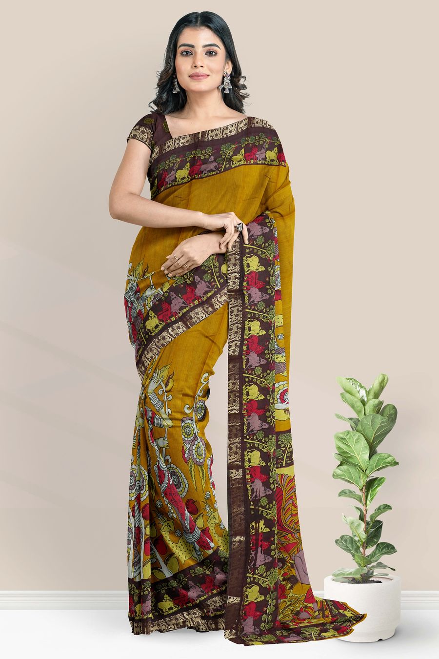 Cotton Silk Kalamakri Print Musturd Yellow And Maroon Saree