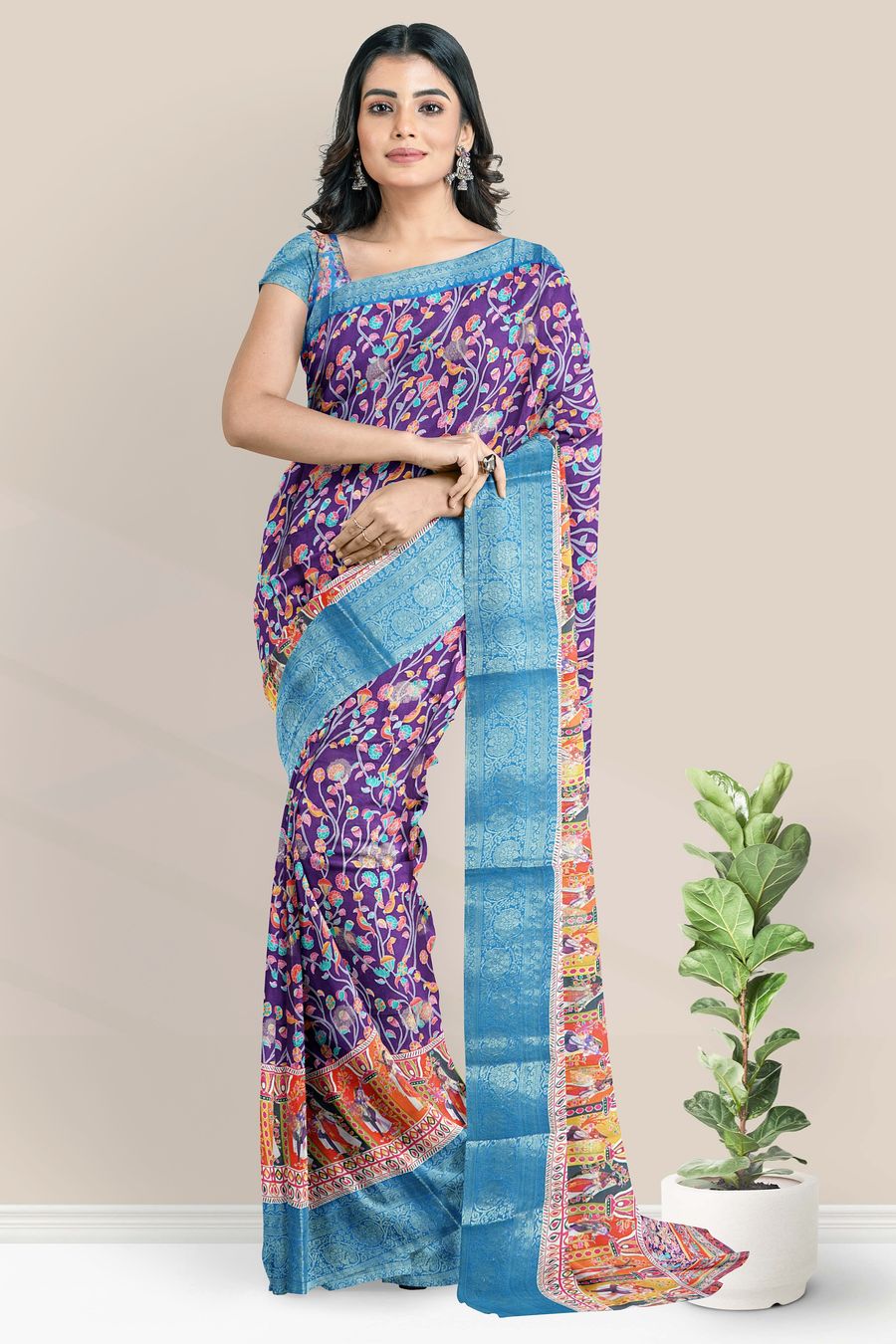 Crepe Silk Digital Print With Zari Border Purple And Blue Saree