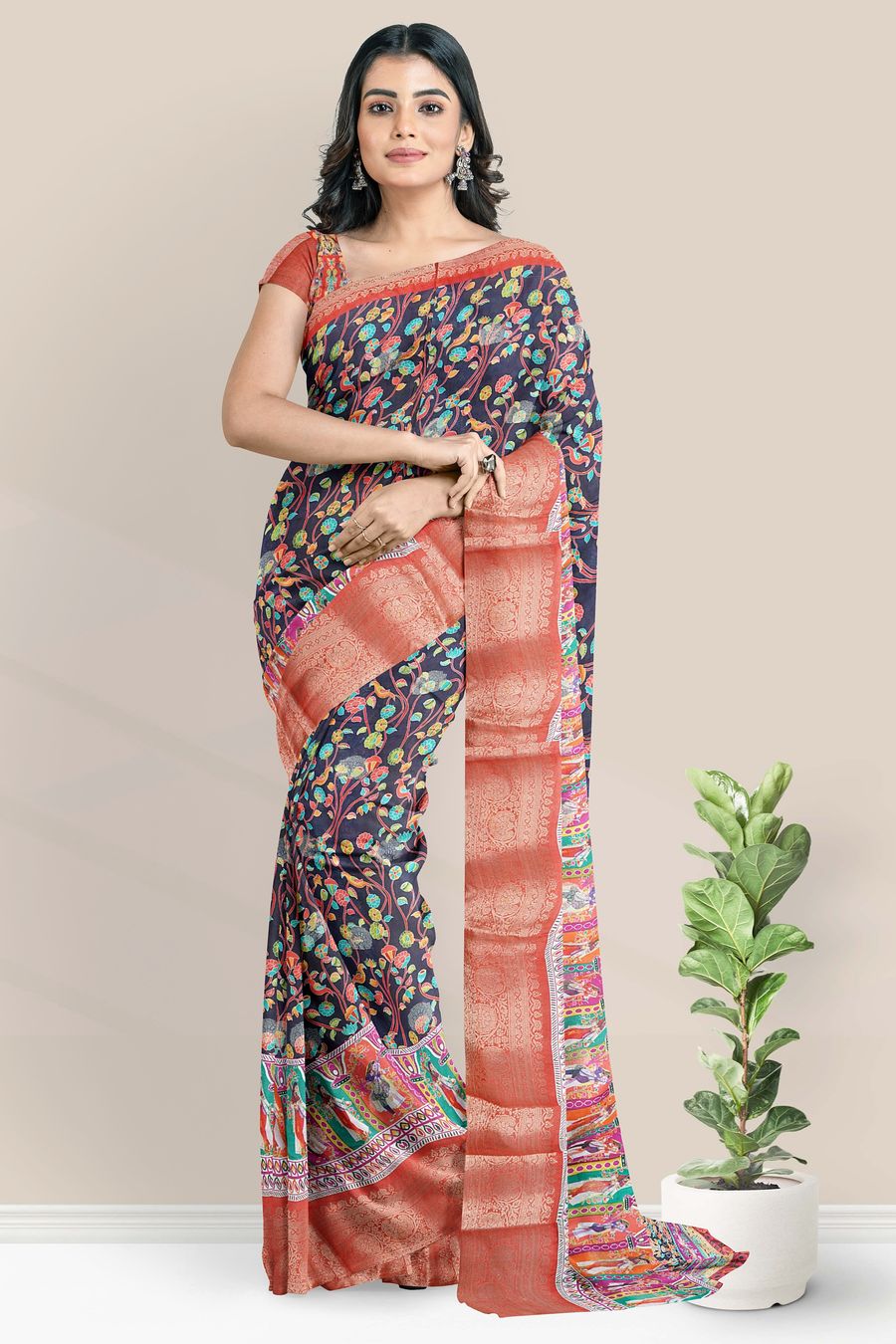 Crepe Silk Digital Print With Zari Border Black And Red Saree