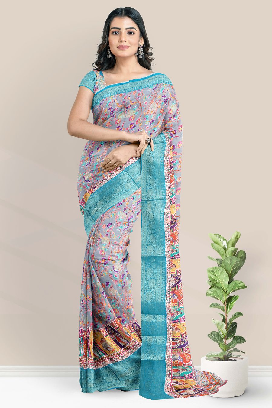 Crepe Silk Digital Print With Zari Border Ash And Blue Saree