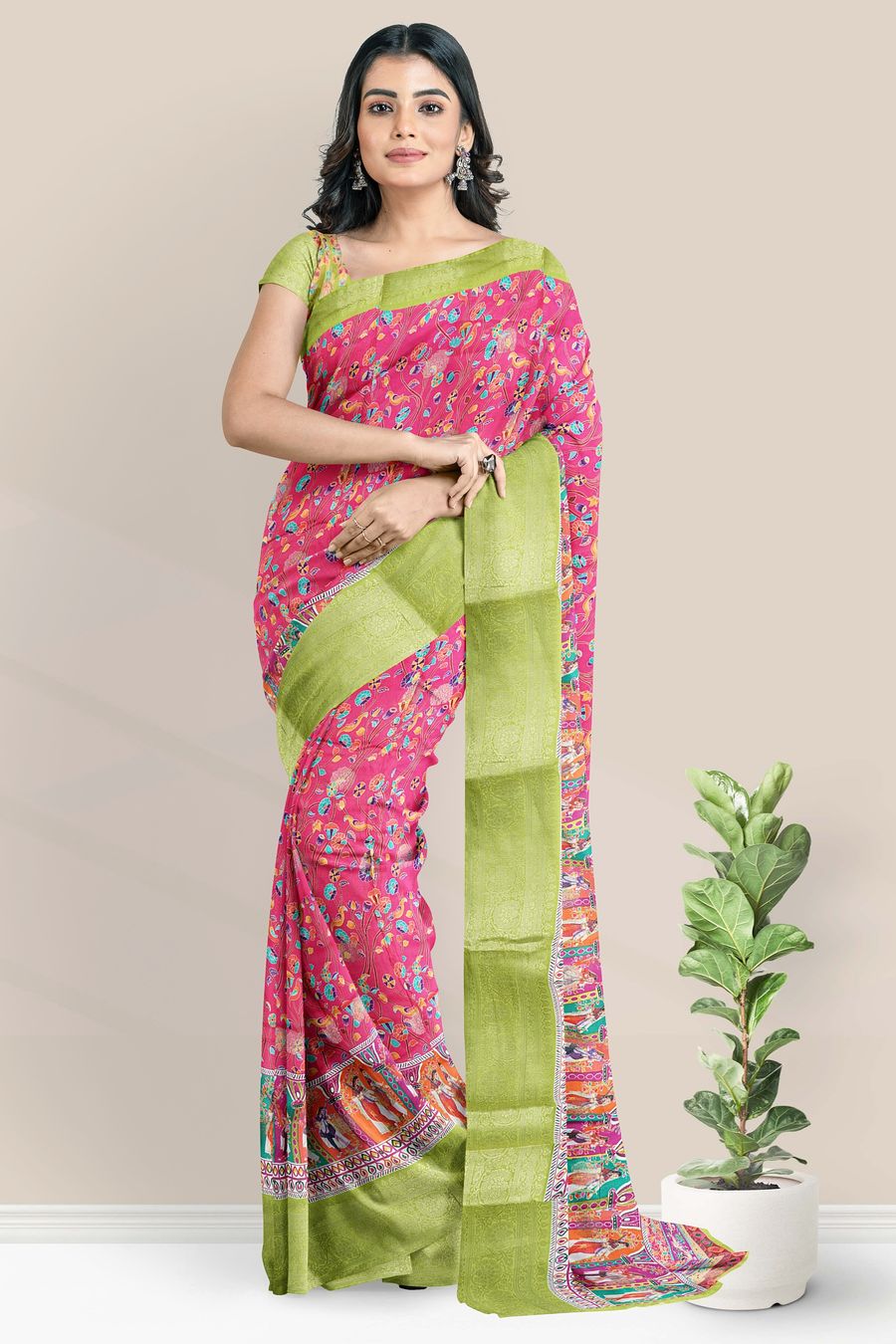 Crepe Silk Digital Print With Zari Border Pink And lIght Parrot Green Saree