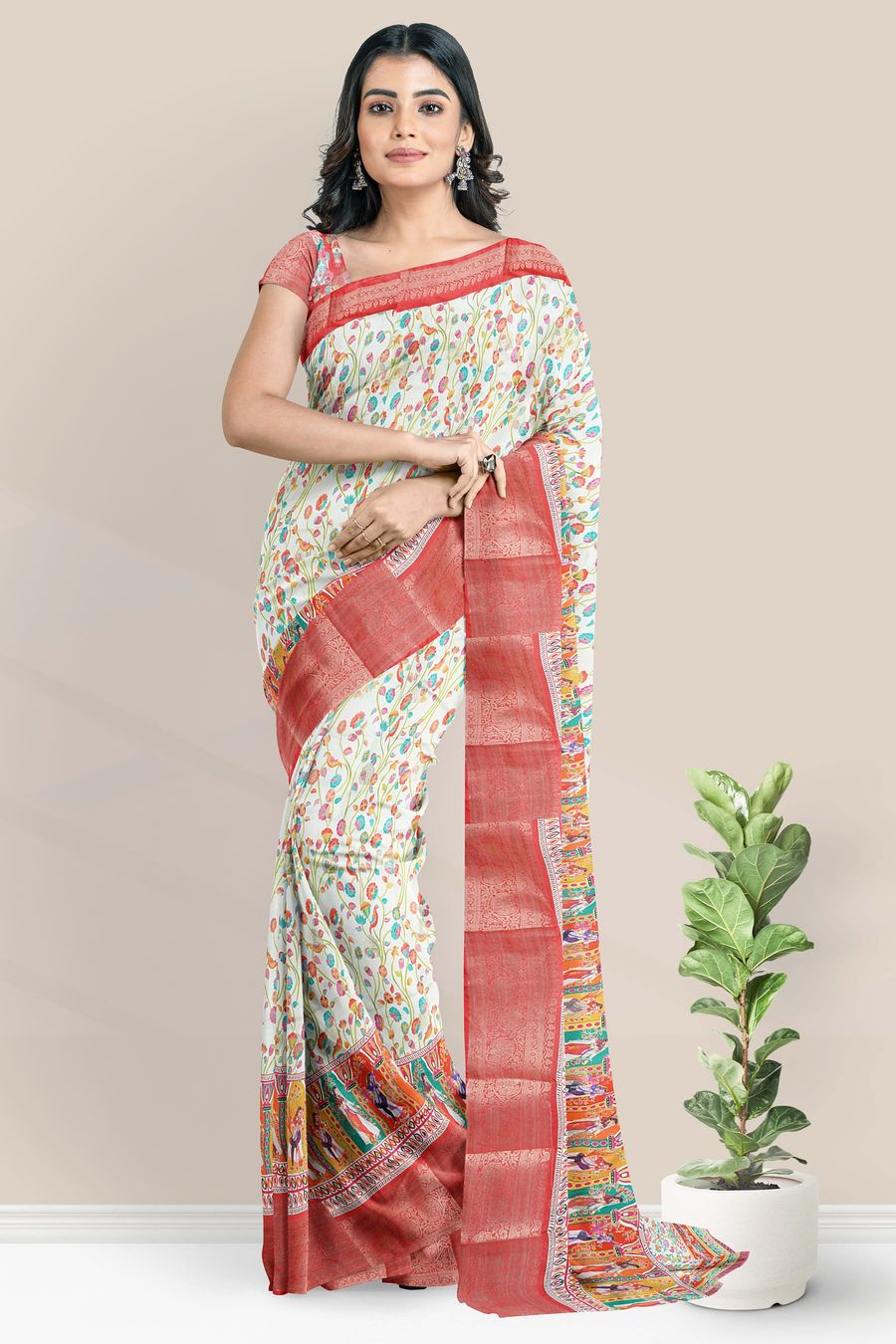 Crepe Silk Digital Print With Zari Border Half White And Red Saree
