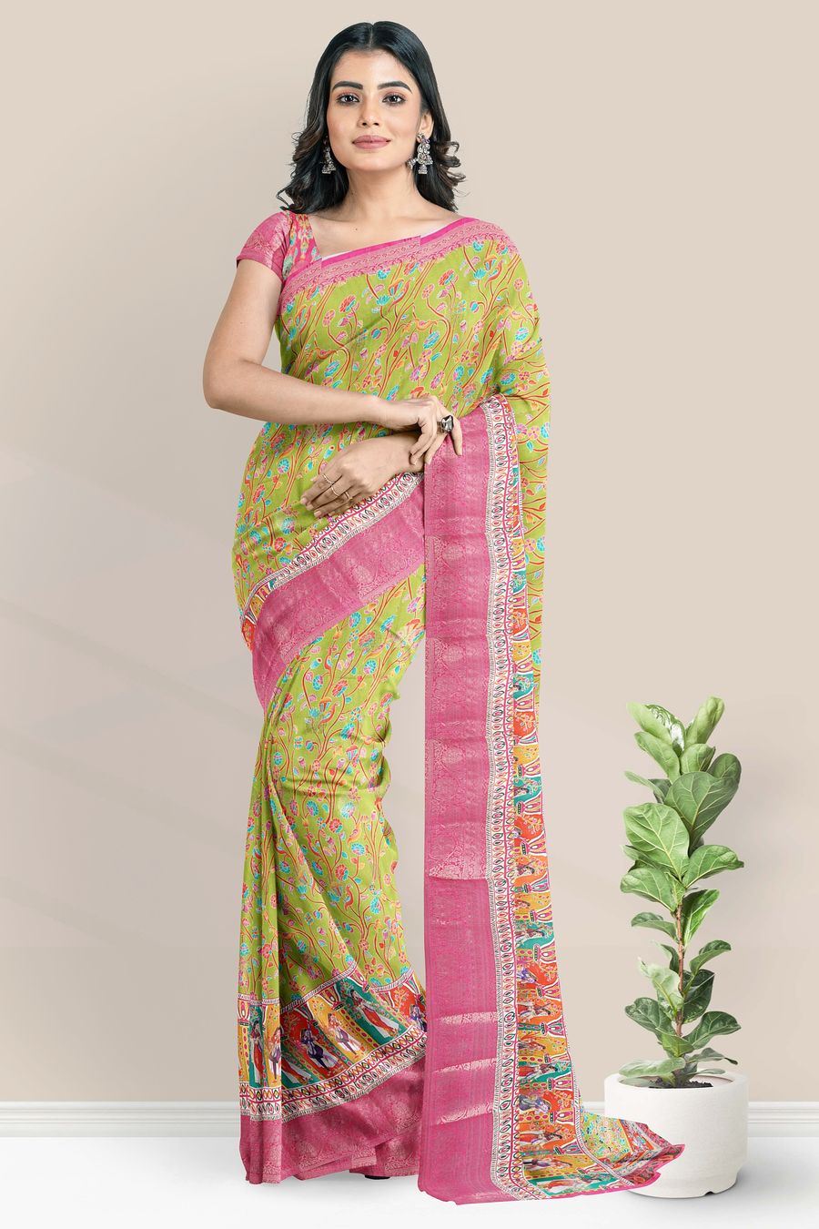 Crepe Silk Digital Print With Zari Border Light Parrot Green And Pink Saree