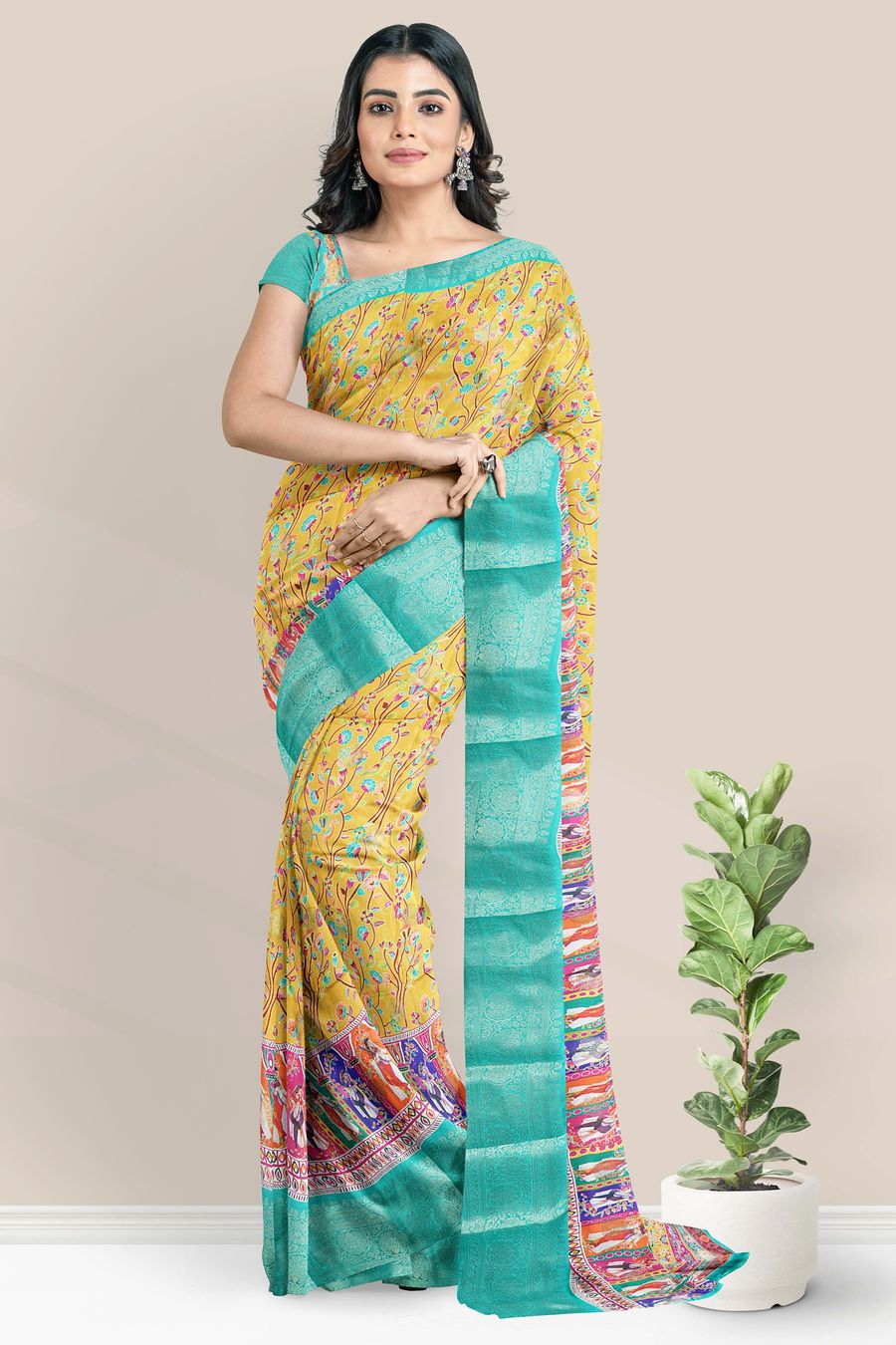 Crepe Silk Digital Print With Zari Border Yellow And Rama Green Saree