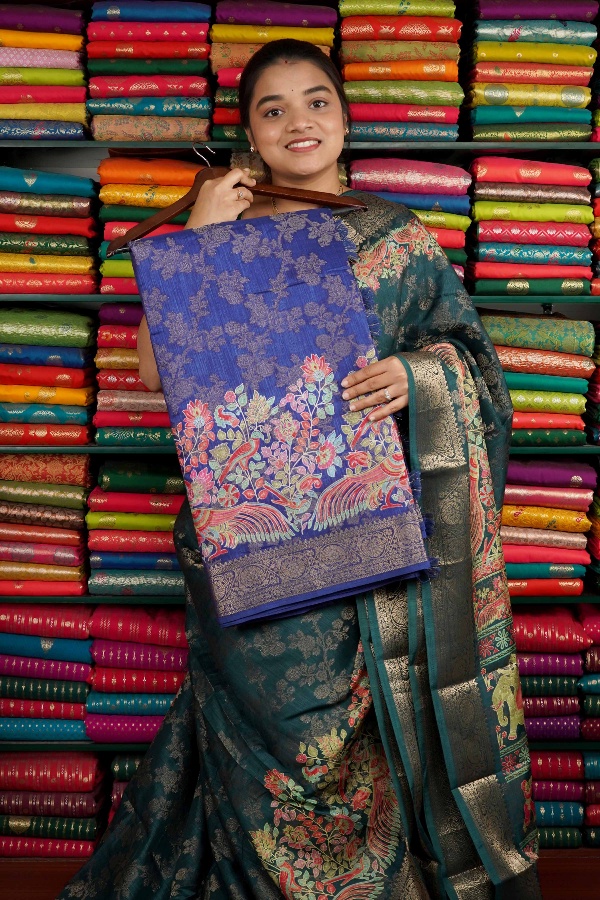 Fancy Silk Full Zaal Dark Blue Saree
