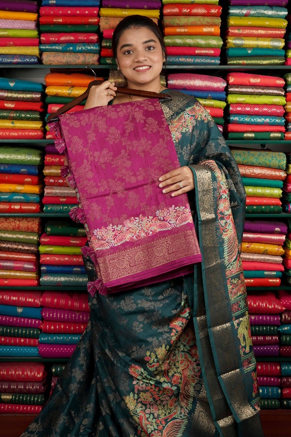 Fancy Silk Full Zaal Dark Pink Saree