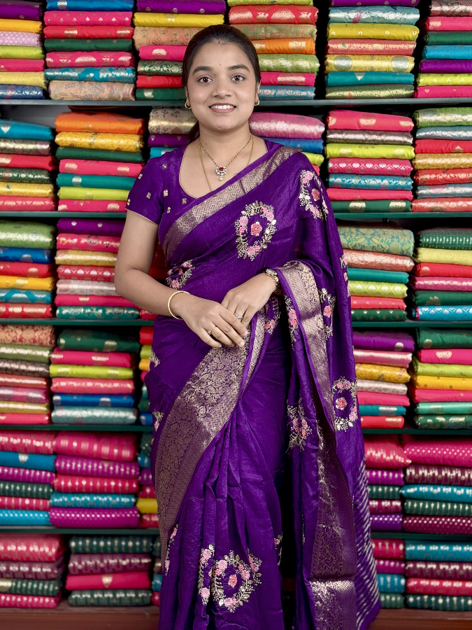 Russian Georgette Embroidery Bunch Purple Saree