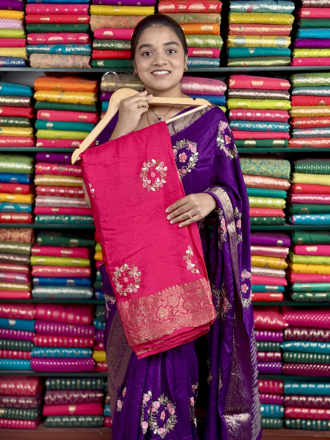 Russian Georgette Embroidery Bunch Pink Saree