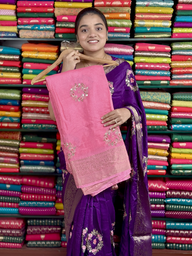 Russian Georgette Embroidery Bunch Light Pink Saree