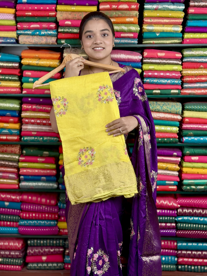Russian Georgette Embroidery Bunch Yellow Saree