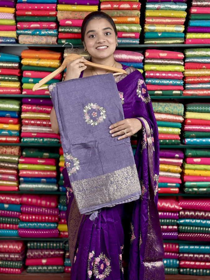Russian Georgette Embroidery Bunch Gray Saree
