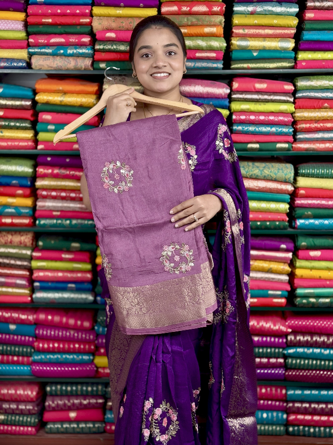 Russian Georgette Embroidery Bunch Mauve Saree