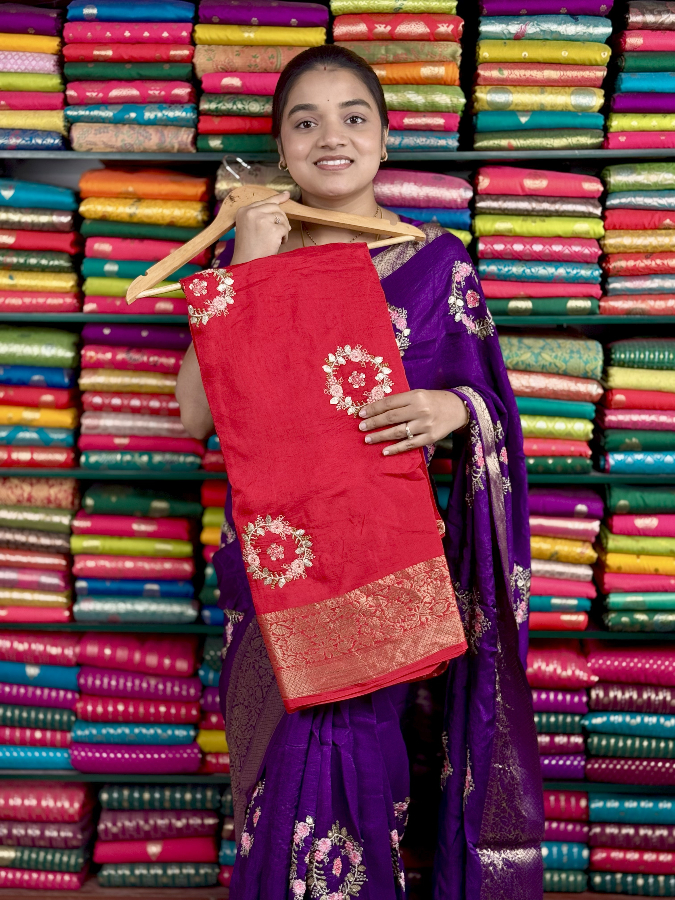 Russian Georgette Embroidery Bunch Red Saree