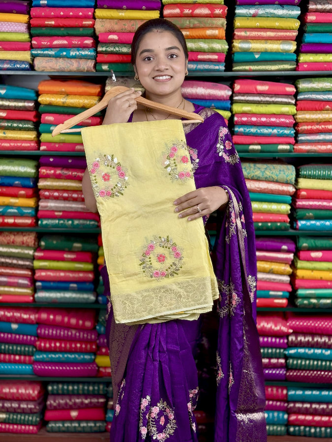 Russian Georgette Embroidery Bunch Pastel Yellow Saree