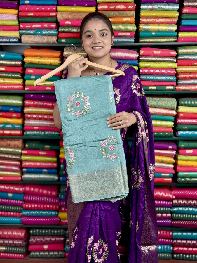 Russian Georgette Embroidery Bunch SeaBlue Saree