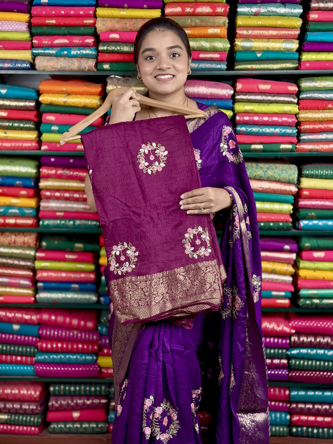 Russian Georgette Embroidery Bunch Wine Saree