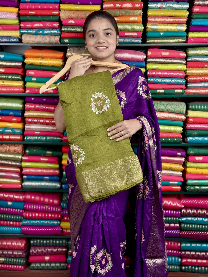 Russian Georgette Embroidery Bunch MehandhiGreen Saree