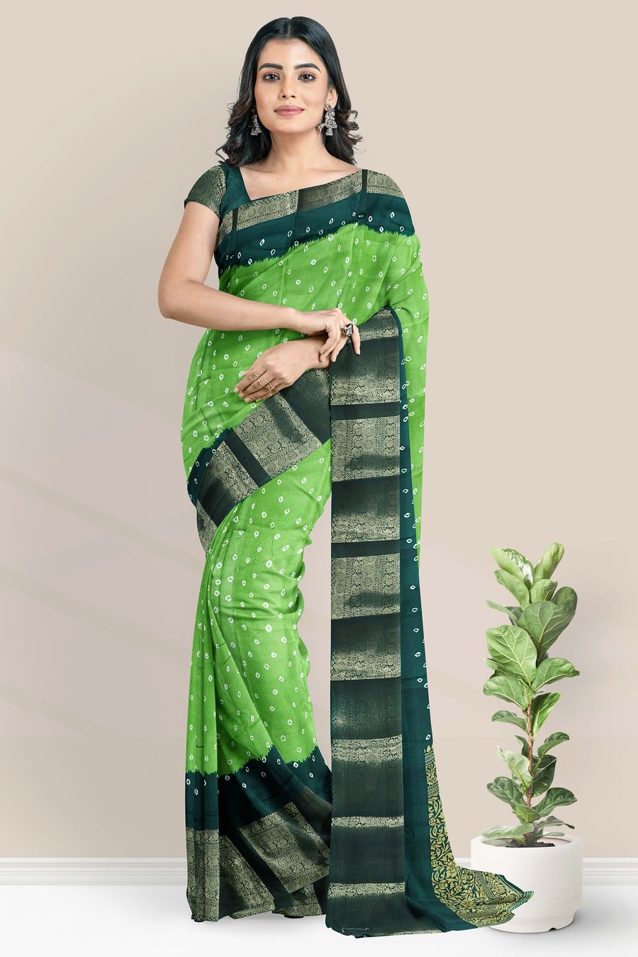 Soft Silk Gold Zari And Bandini Print Parrot Green With Dark Green Saree