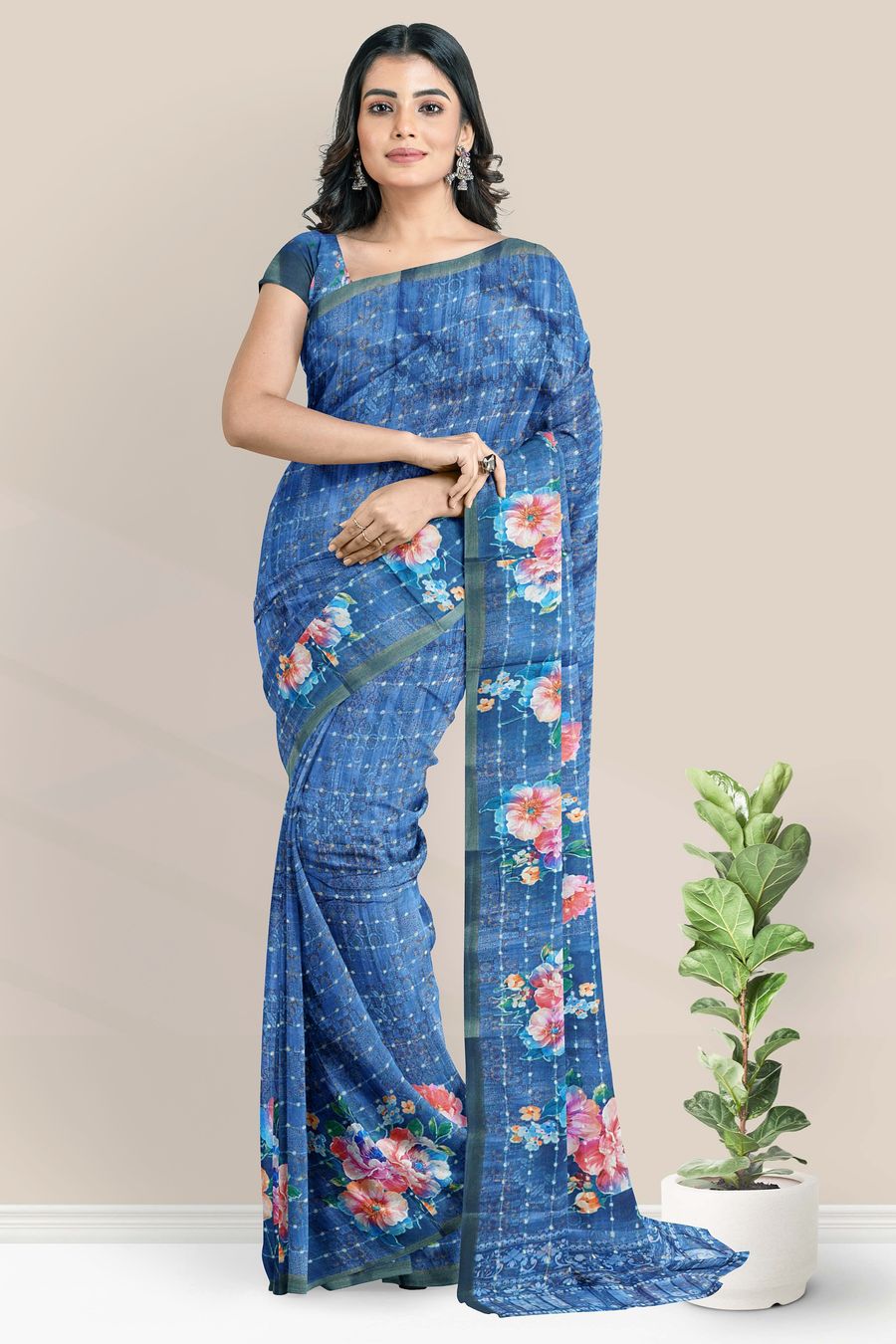 Fancy Silk Kadi Border And Floral Print Peacock Blue Saree