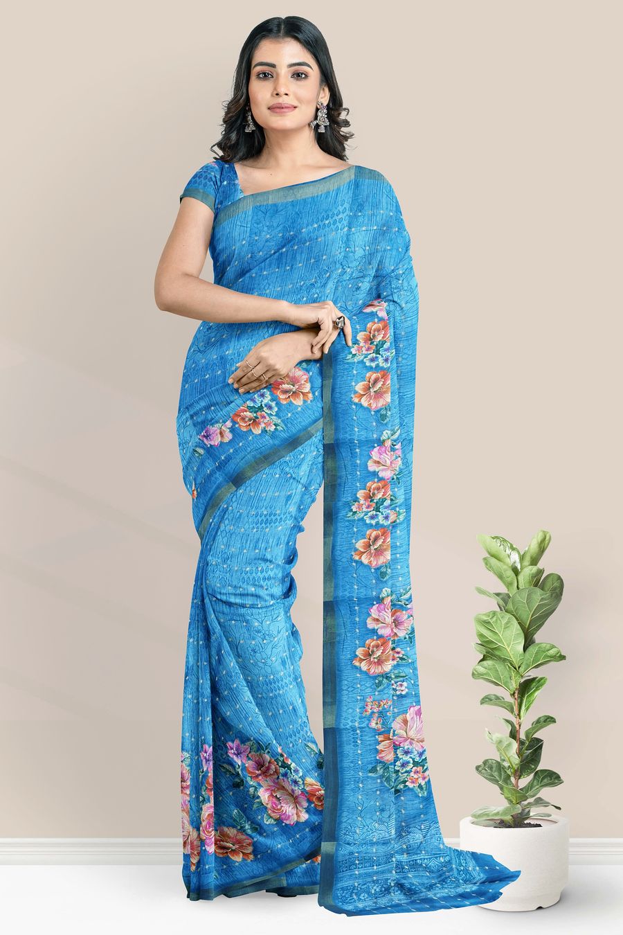 Fancy Silk Kadi Border And Floral Print Light Blue Saree