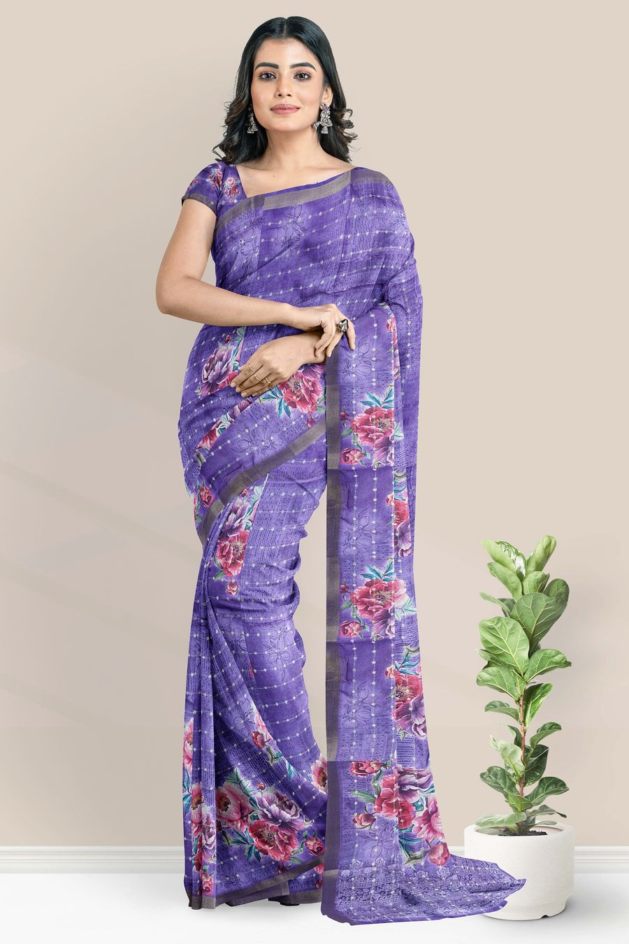 Fancy Silk Kadi Border And Floral Print Purple Saree