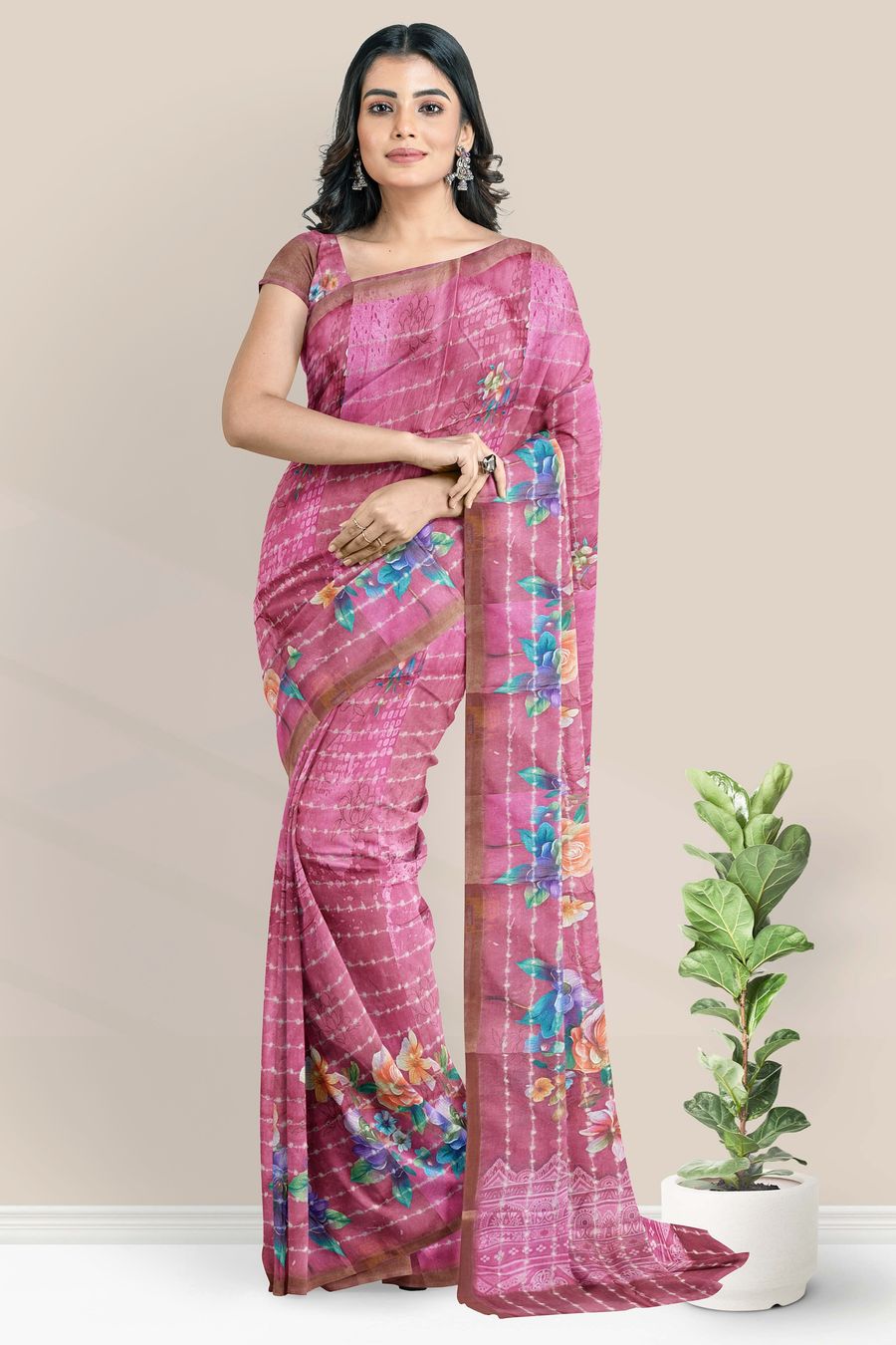 Fancy Silk Kadi Border And Floral Print Dark Onion Pink Saree