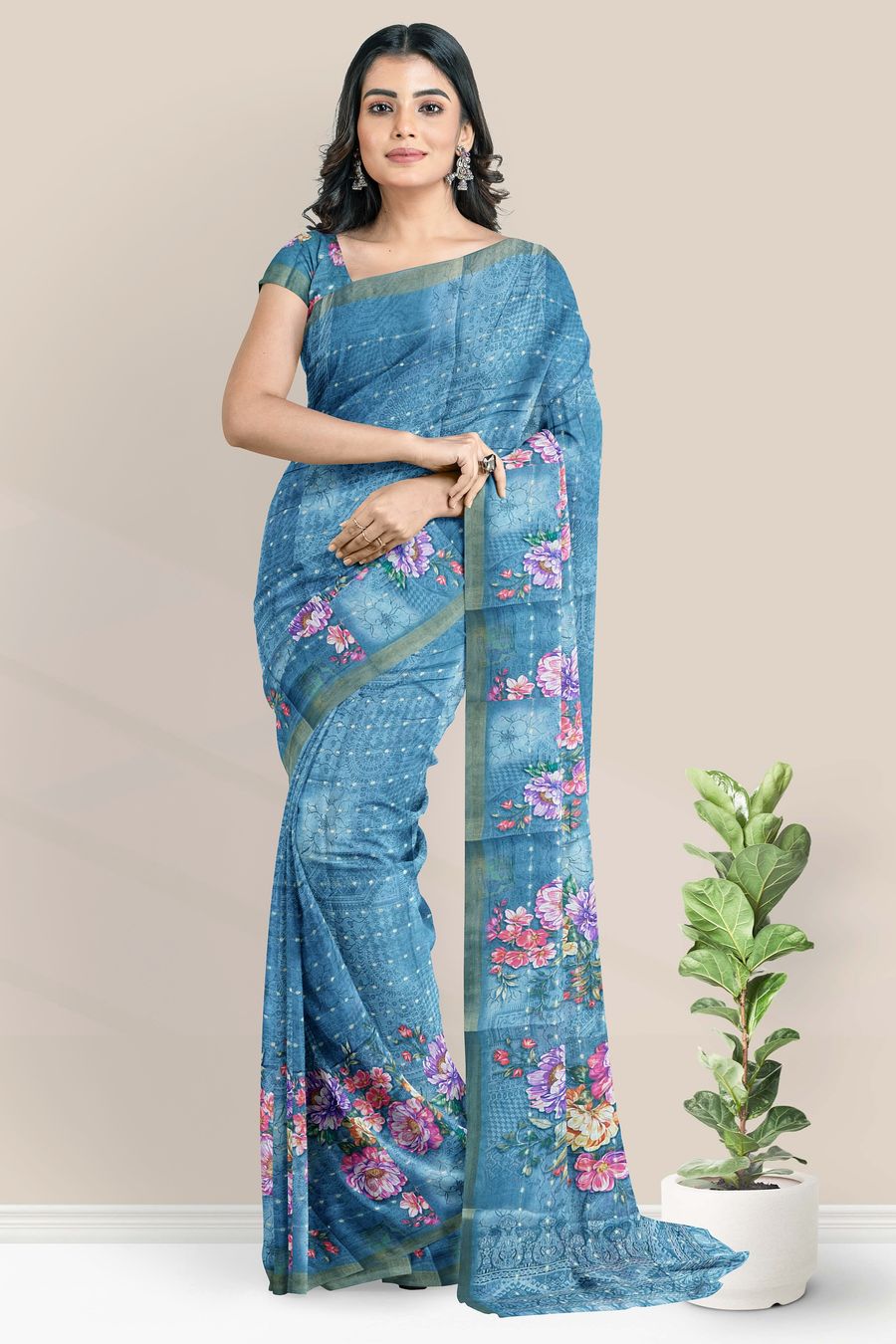 Fancy Silk Kadi Border And Floral Print Rama Green And Ash Mix Saree