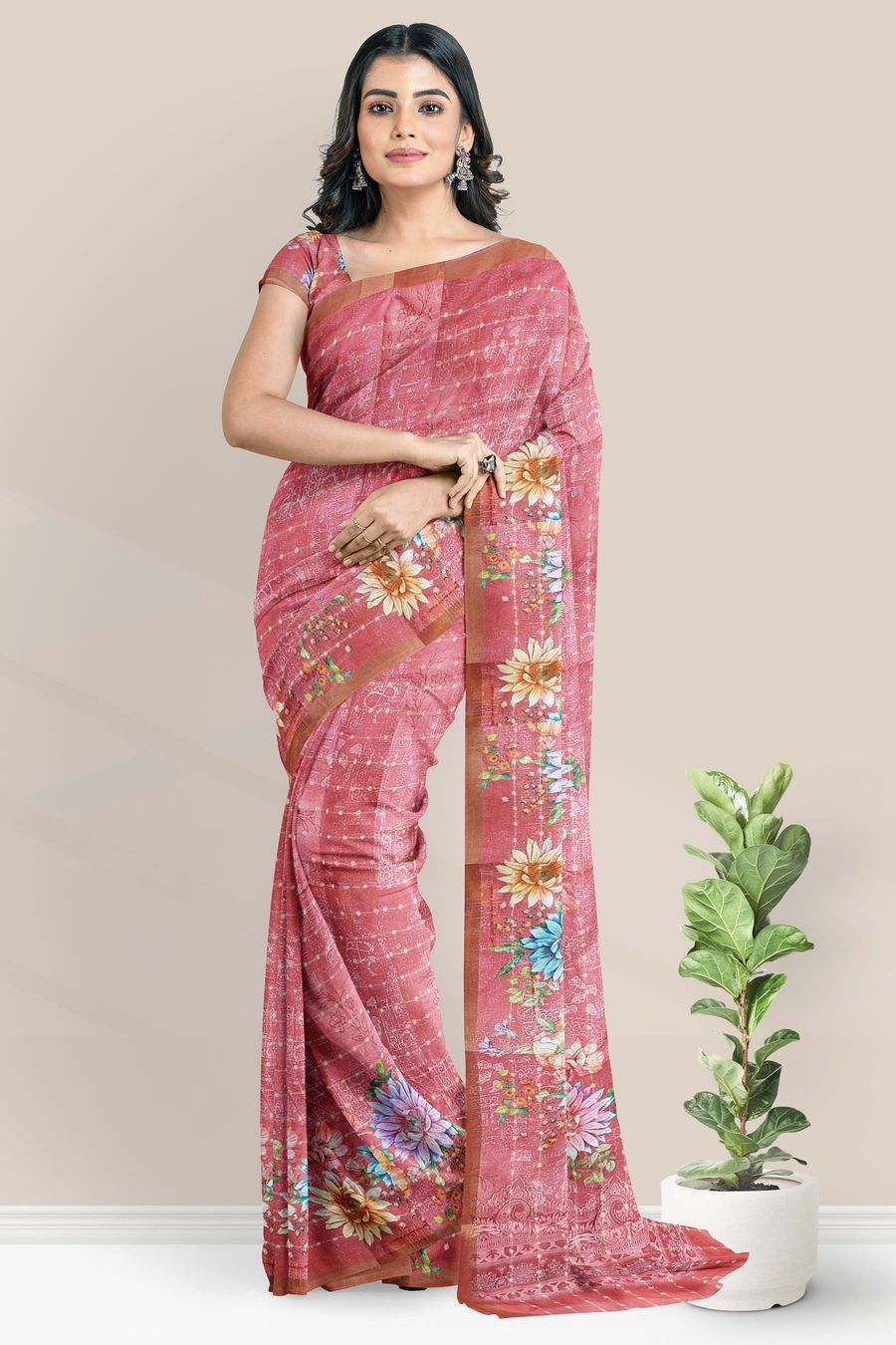 Fancy Silk Kadi Border And Floral Print Peach Pink Saree