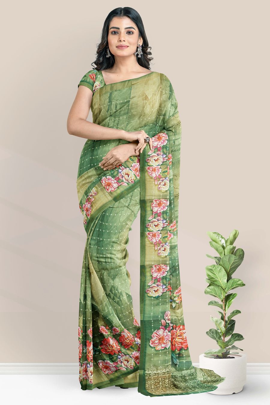 Fancy Silk Kadi Border And Floral Print Light Mehandi Green Saree