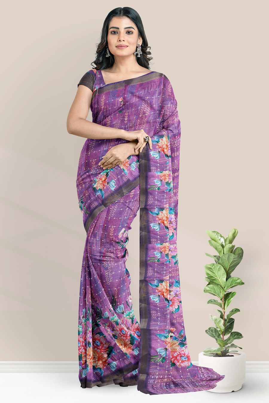 Fancy Silk Kadi Border And Floral Print Lavender Saree