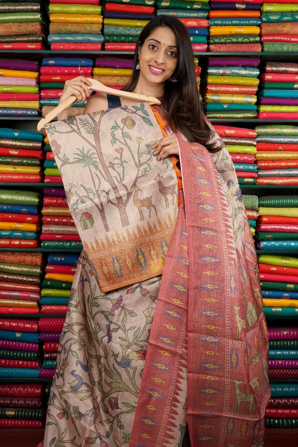 Cruhsed Tissue Silk Light Beige And Orange Saree