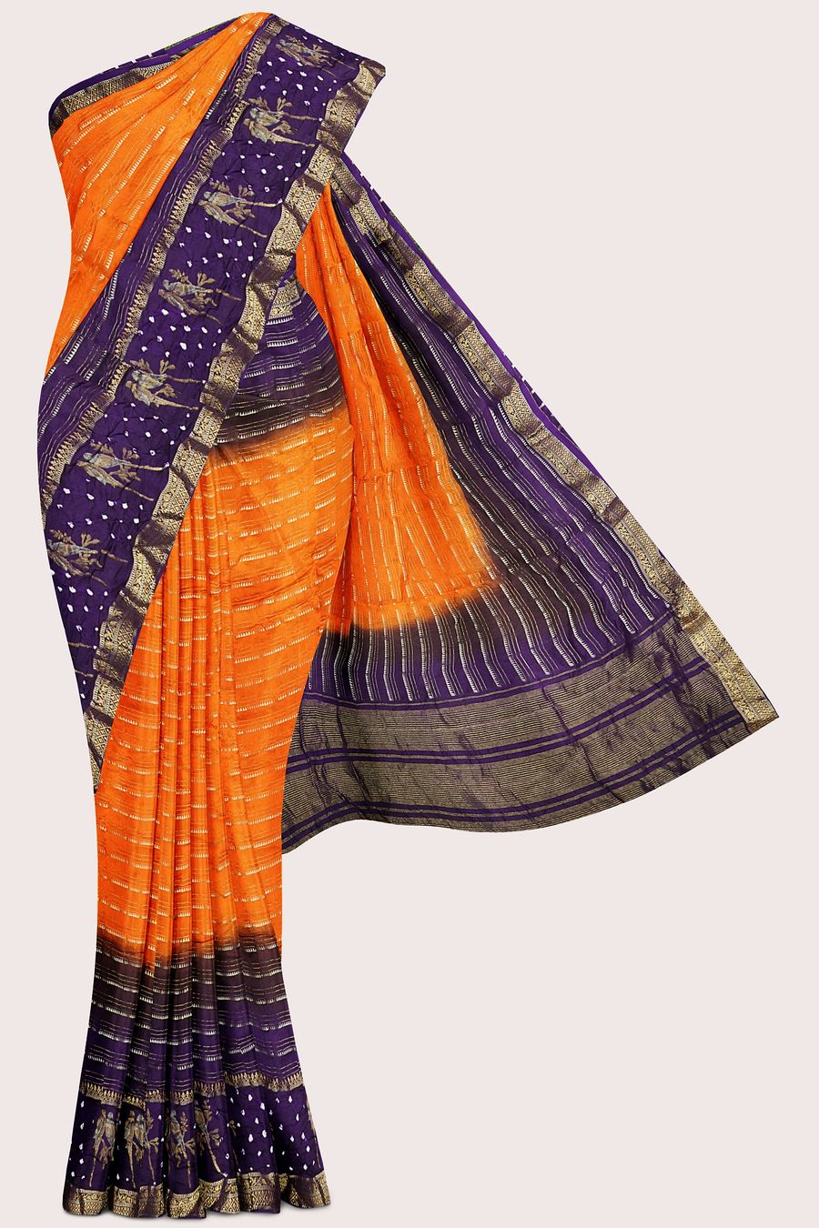 Georgette Bandini Border Doriya Weaving Orange With Purple Saree